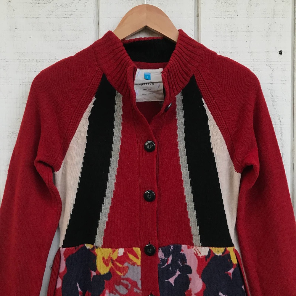 Anthro Sparrow Red Floral Knit SweaterCoat Sz S - Picture 6 of 10